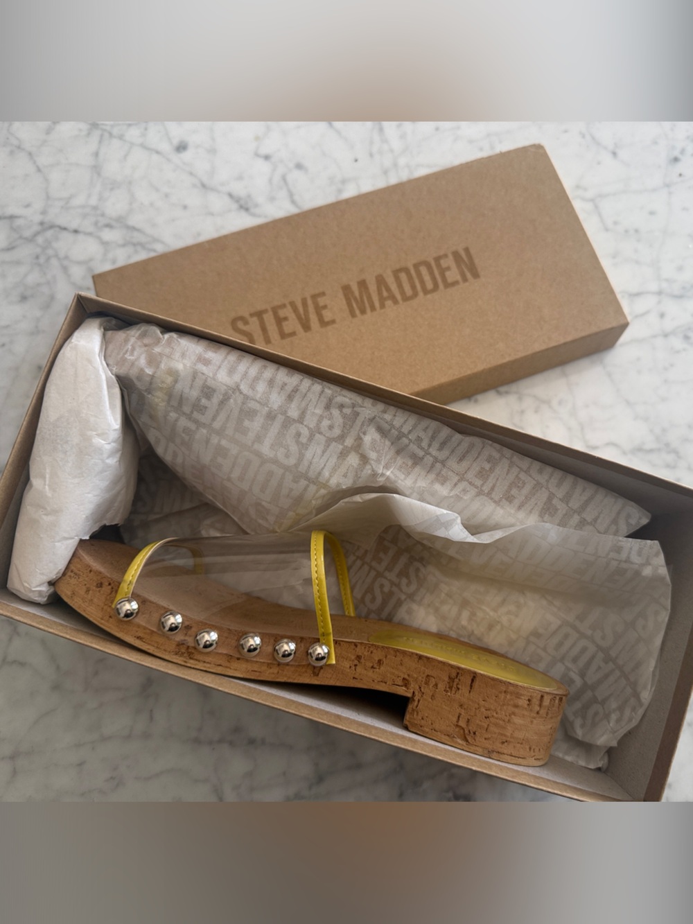 Steve Madden Yellow Cork Platform Slide Sandals with Silver Studs